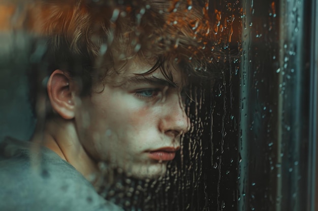 Photo contemplative young man indulges in introspection his gaze fixed through the rainstreaked window