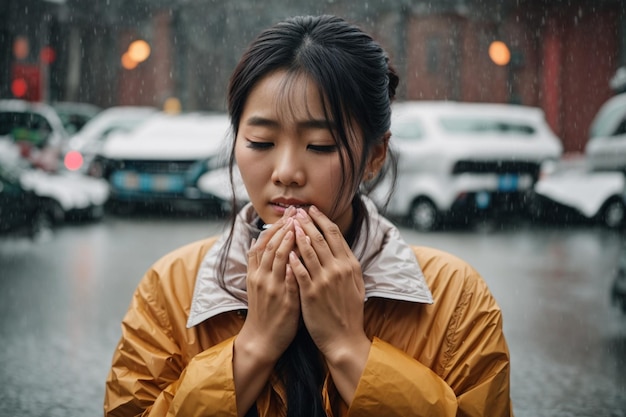 都会の冬の雨の中で一人で瞑想的な若い女性