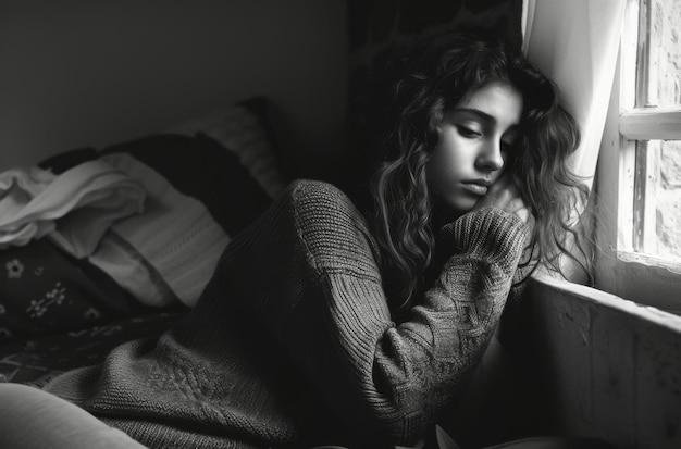 Contemplative Young Woman by a Window in Monochrome