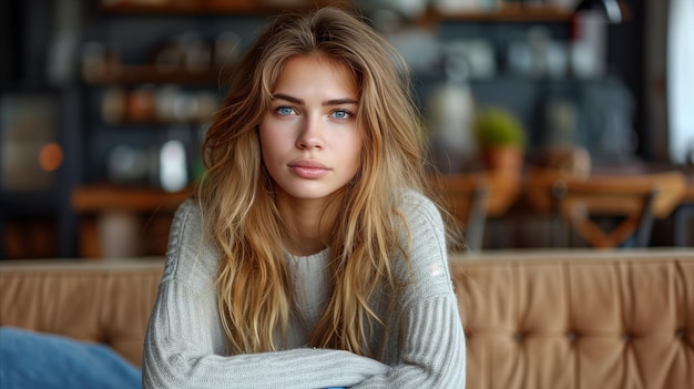 Созерцательная молодая женщина сидит на диване в уютном кафе