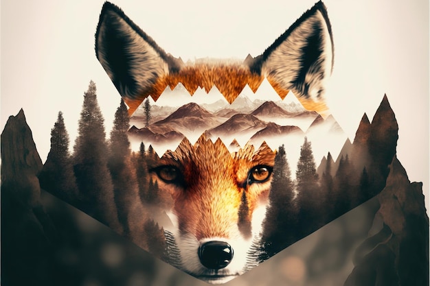 Contemporary abstract art double exposure of red fox and forest landscape Superb