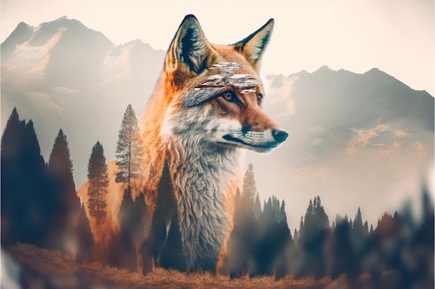 Contemporary abstract art double exposure of red fox and forest landscape Superb