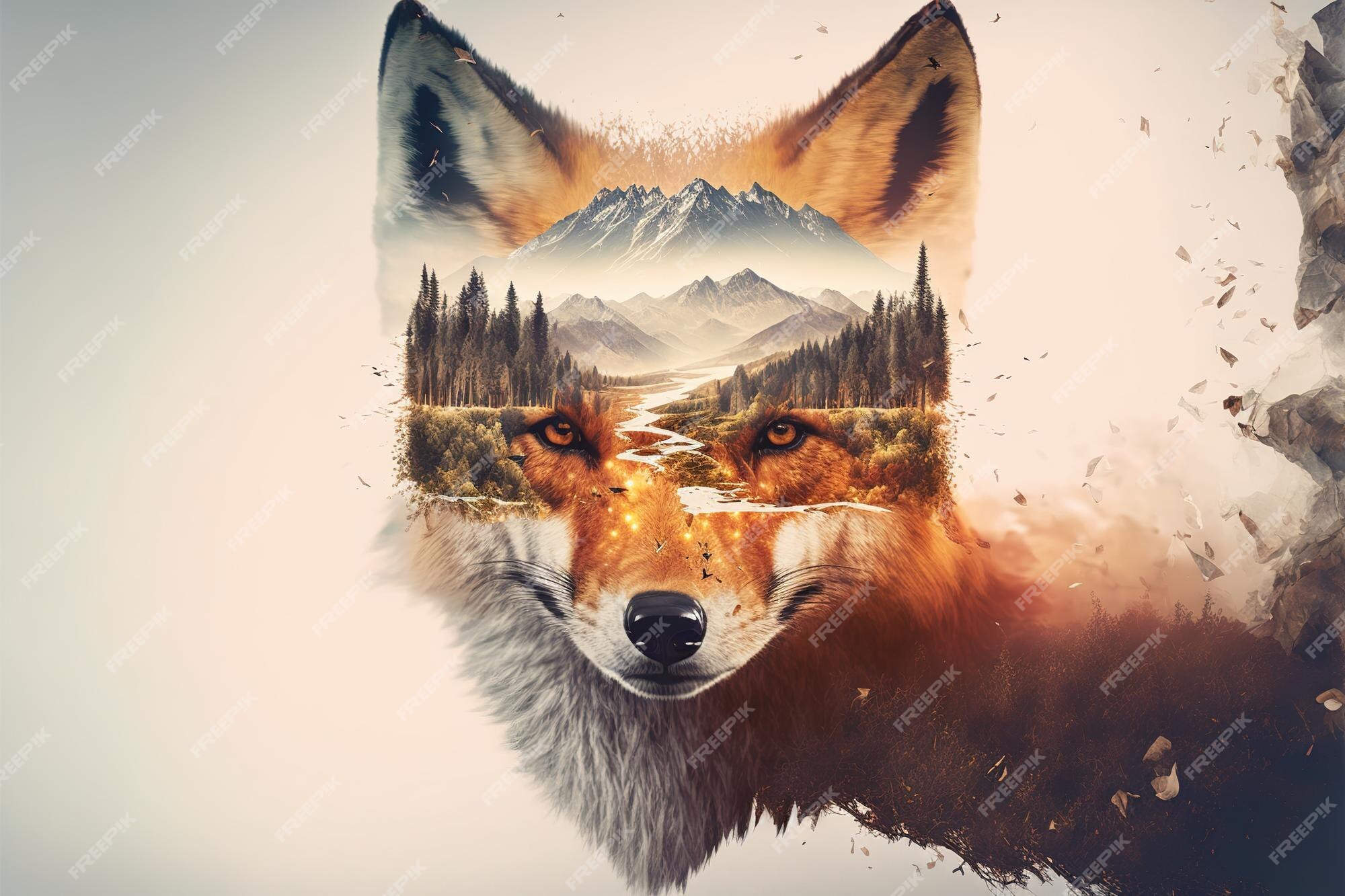 Premium Photo  Contemporary abstract art double exposure of red fox and  forest landscape superb