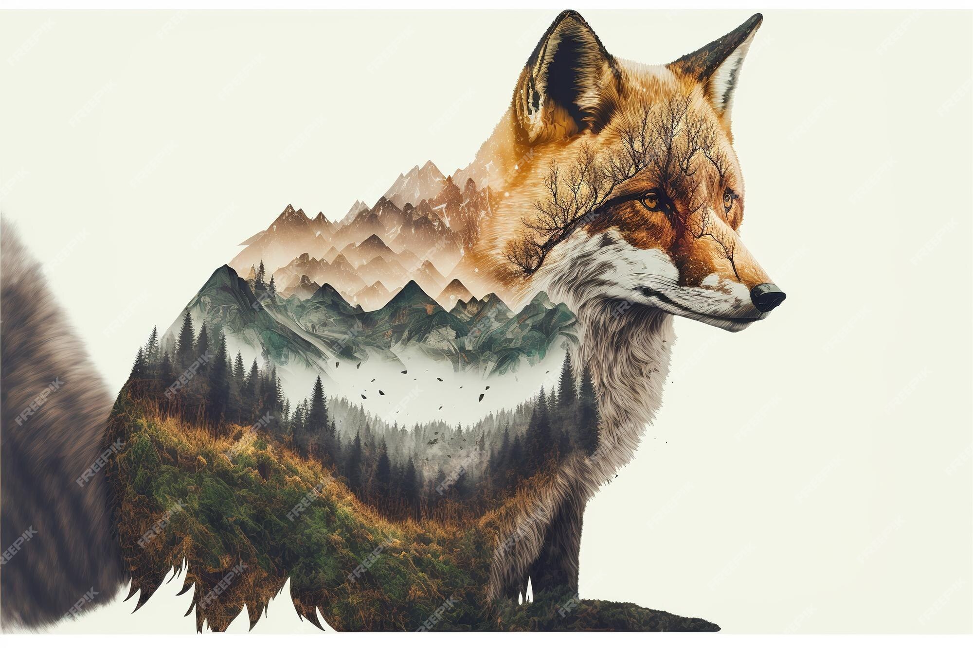 Premium Photo  Contemporary abstract art double exposure of red fox and  forest landscape superb