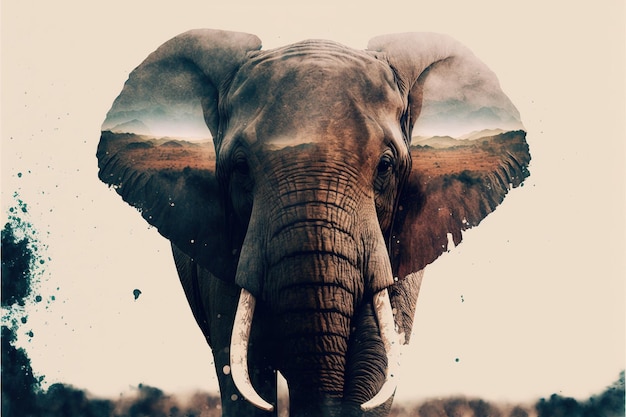 Contemporary abstract artwork double exposure of elephant and nature