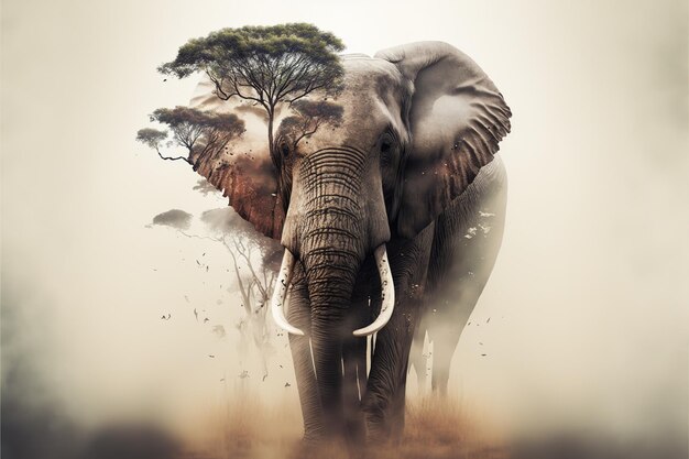 Contemporary abstract artwork double exposure of elephant and nature