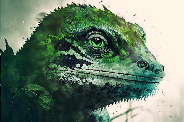 Contemporary abstract artwork double exposure of green lizard and forest