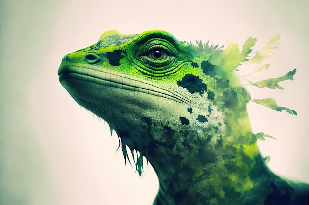 Contemporary abstract artwork double exposure of green lizard and forest