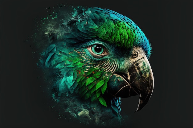 Contemporary abstract artwork double exposure of green parrot and forest