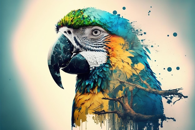 Contemporary abstract artwork double exposure macaw of and forest