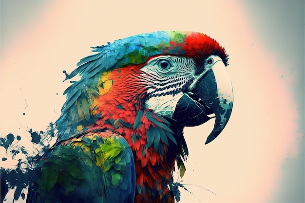 Contemporary abstract artwork double exposure macaw of and forest