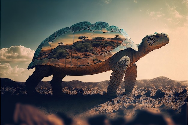 Contemporary abstract artwork double exposure turtle of and forest