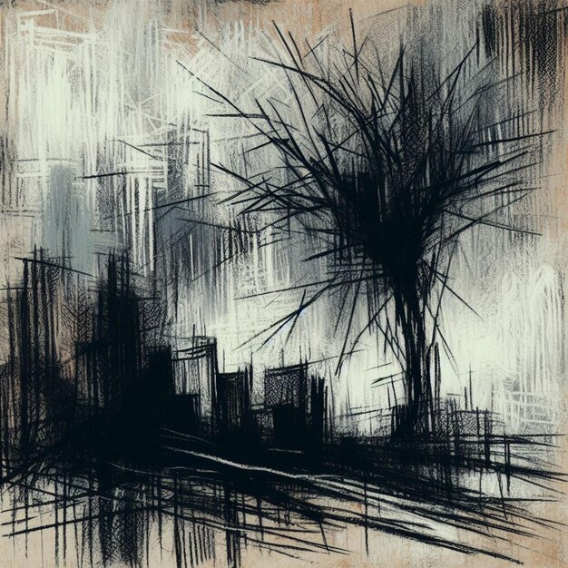 Contemporary abstract sketch portraying a barren tree amidst urban architectural forms in a monochrome palette evoking solitude within a cityscape