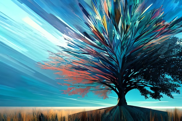 Contemporary acrylic painting fine art illustration of abstract magical colorful tree artistic print digital art Oil painting