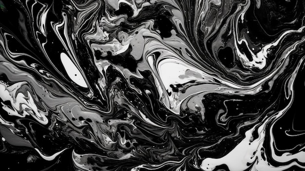 Contemporary Acrylic Pour Background Paint Swirls in Beautiful Black and White colors with White Particles Generative AI