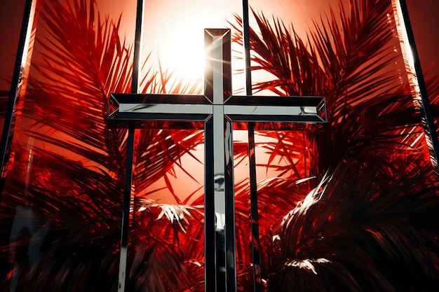 現代アクリル神聖な十字架とヤシの枝壁 Ar クロスヤシの日曜日の写真クリスチャン アート