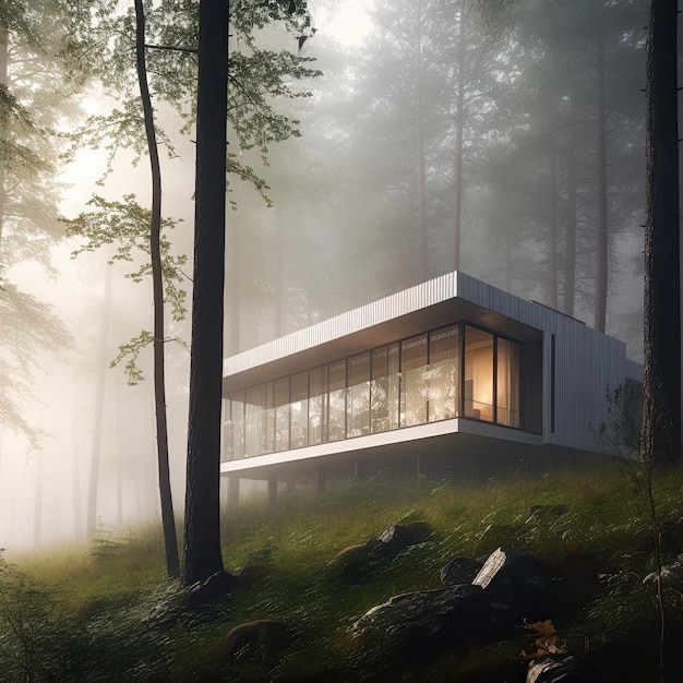 A Contemporary AIPowered Luxury Bungalow Nestled in a Forest with Light Mist