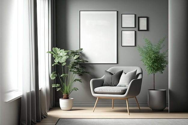 A contemporary apartment interior in ash gray with a single chair no plants