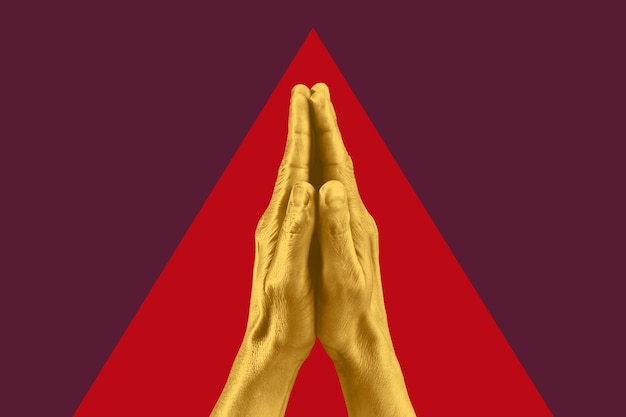 Contemporary art background with gold hands in pray symbol digital texture backdroptrendy art