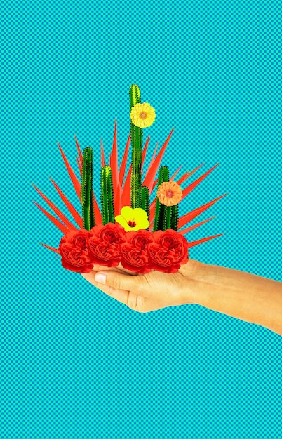 Collage di arte contemporanea. concetto di amante dei fiori di cactus