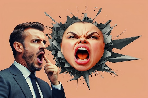 Photo contemporary art collage composition with angry abstract boss mouth shouting employeer manager isolated over peach color background