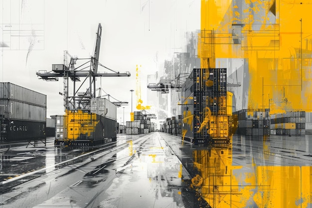 Contemporary Art Collage of Container Cargo Ship at Sea