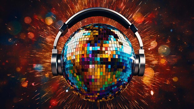 Contemporary art collage disco ball with headphones