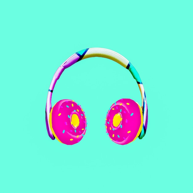 Contemporary art collage. Donuts headphones. Fast food minimal project