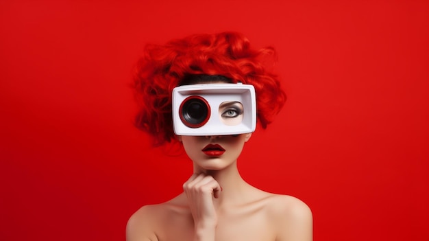 Коллаж современного искусства женщины с телевизором вместо головы, изолированной на красном фоне