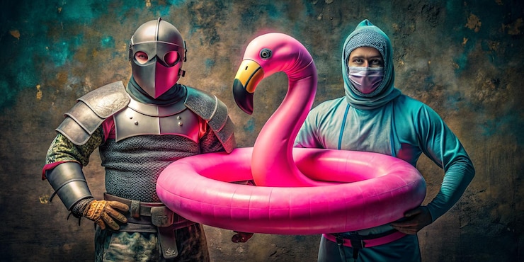 Photo contemporary art collage medieval knight warrior in neon colored balaclava standing in pink flamingo swim circle isolated over dark vintage background swag style modern design