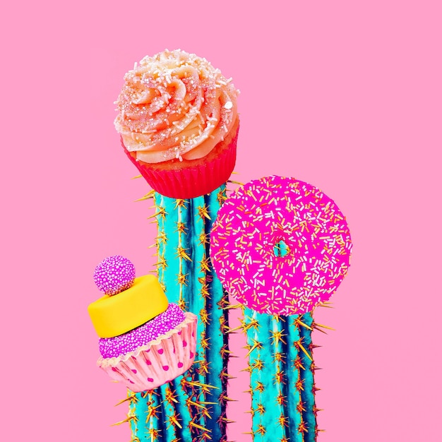 Contemporary art collage. Minimal concept.  Candy sweet cactus art