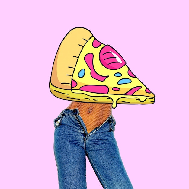 Photo contemporary art  collage. pizza girl. funny fast food minimal project