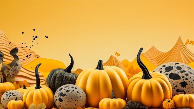 Contemporary art collage Pumpkins squashes on an abstract organic shape background