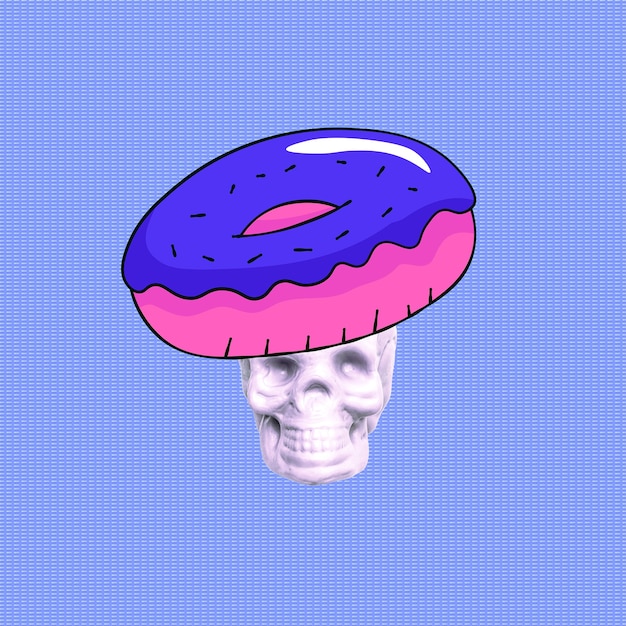 Photo contemporary art collage. skull donuts lover.funny fast food minimal project