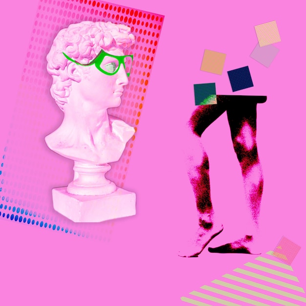 contemporary art collage statue gypsum statue of bust man in sunglasses looking at woman legs