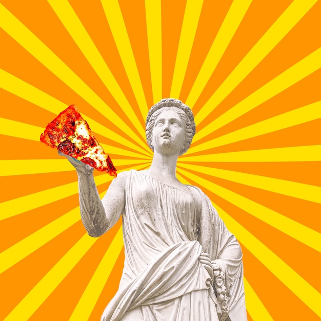 Foto collage di arte contemporanea. statua con pizza. concetto di amante della pizza