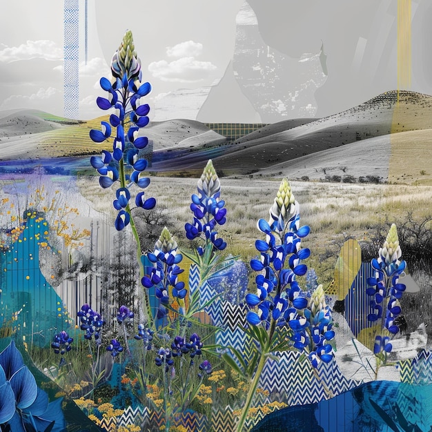 Contemporary Art Collage of Texas Bluebonnets and Wildflowers