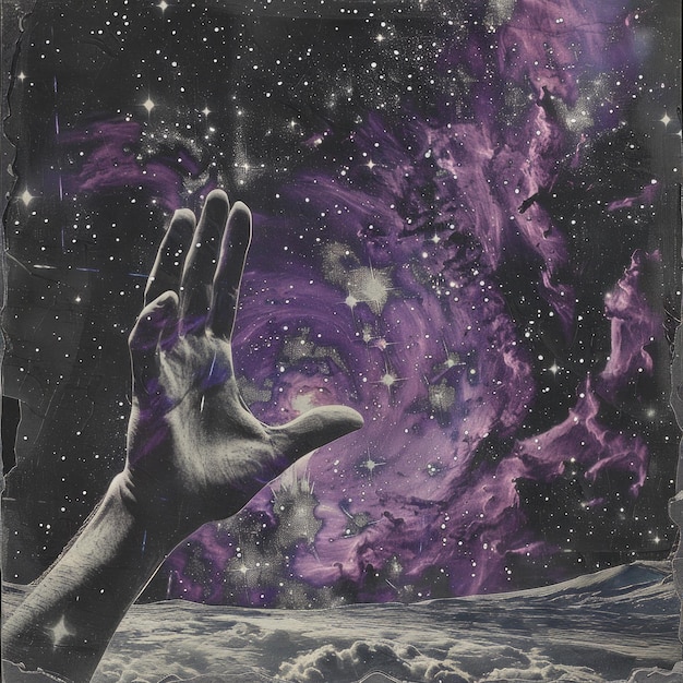 Foto collage d'arte contemporanea con la mano che raggiunge il cielo stellato notturno