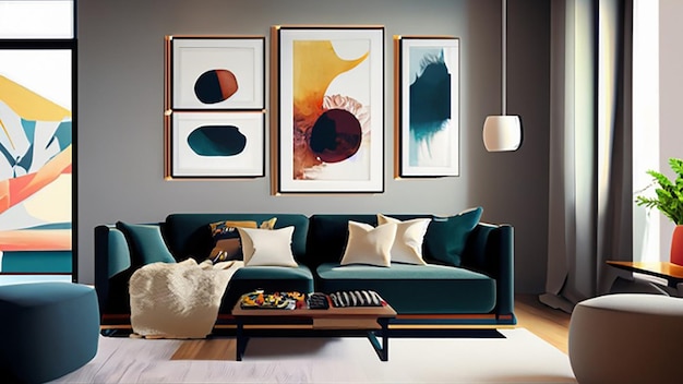 Contemporary art gallery wall in a modern living room