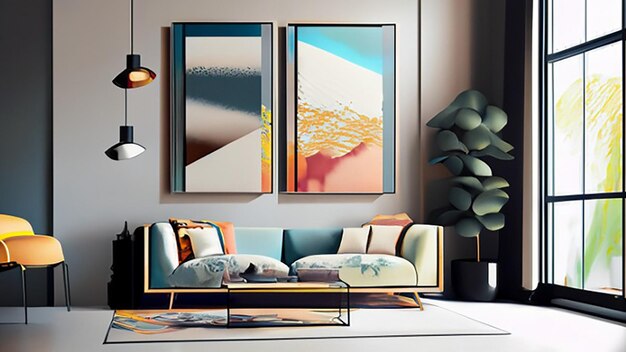 Contemporary art gallery wall in a modern living room