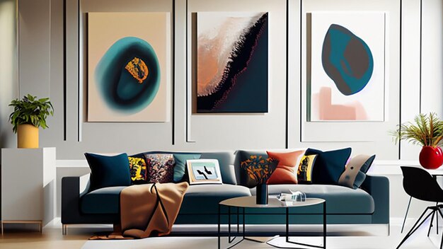 Contemporary art gallery wall in a modern living room