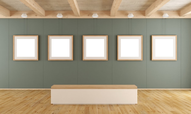 Contemporary art gallery with green panels, blank frame, and bench