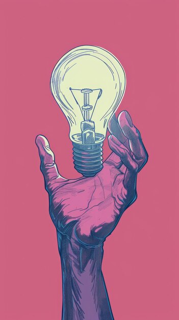 Photo contemporary art illustration of a hand holding a light bulb symbolizing thought intelligence brainstorming and invention concepts