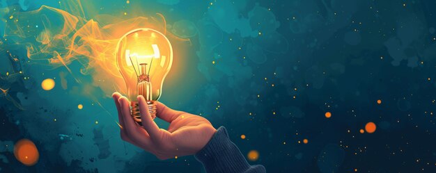 Photo contemporary art illustration of a hand holding a light bulb symbolizing thought intelligence brainstorming and invention concepts