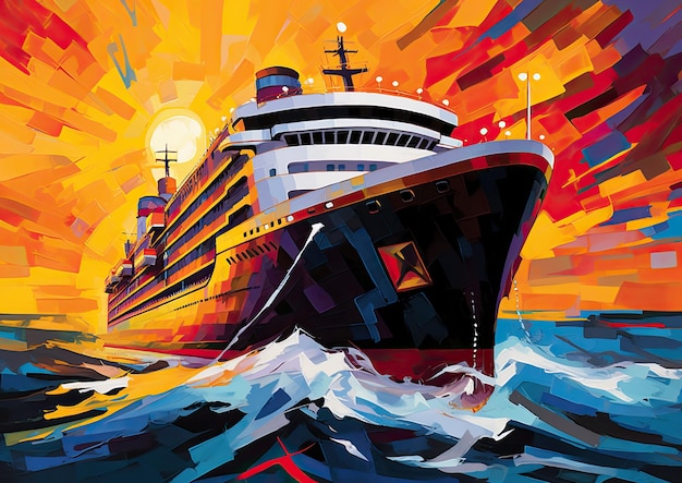 A contemporary artinspired composition of a cruise ship's silhouette against a vibrant abstract