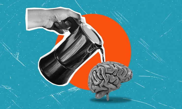 Photo contemporary artistic collage with an image of a brain and a hand holding a coffee pot