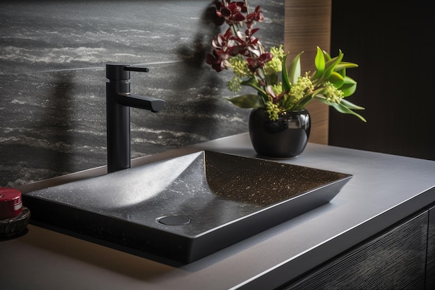 A contemporary bathroom interior design includes a modern sink and faucet