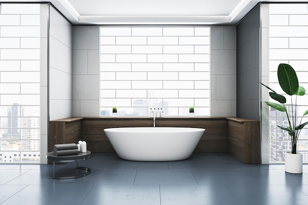 Современный интерьер ванной комнаты с ванной, абстрактными окнами и размышлениями на бетонном полу 3D рендеринг