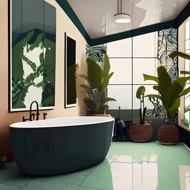 Contemporary bathroom with freestanding bathtub interior design urban jungle style 0