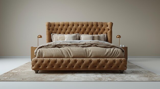 A contemporary bed isolated on a white background viewed from the front